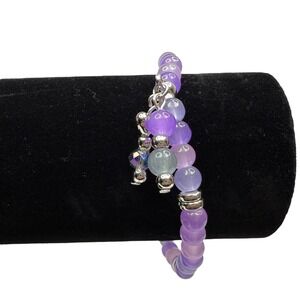 Purple Ombre Crystal Beads Heart Charm Bracelet Silver Tone Stretch 6.75 in
